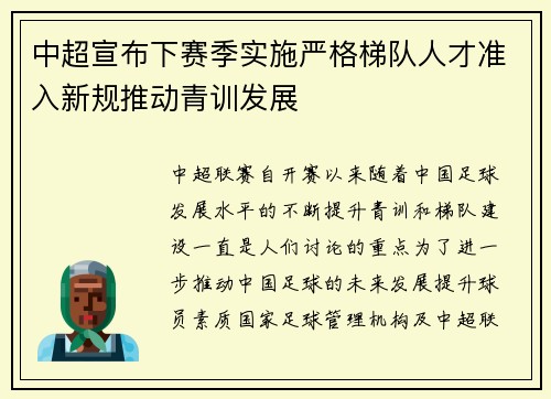 中超宣布下赛季实施严格梯队人才准入新规推动青训发展 中超宣布下赛季实施严格梯队人才准入新规推动青训发展