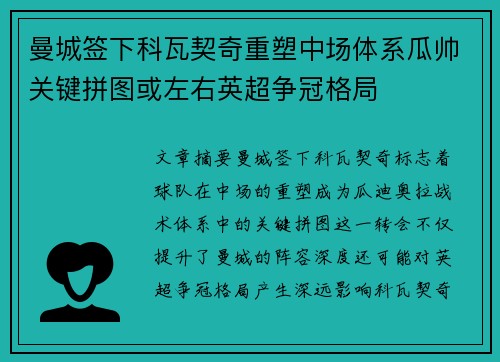 曼城签下科瓦契奇重塑中场体系瓜帅关键拼图或左右英超争冠格局