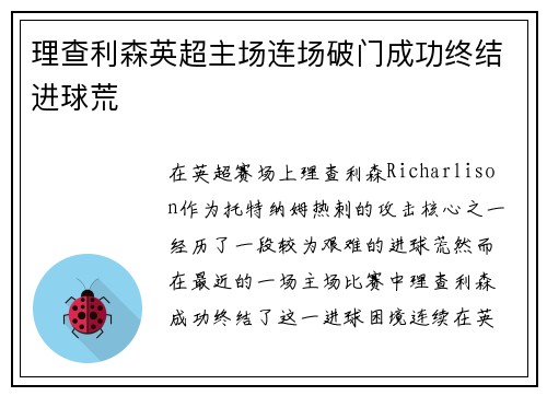 理查利森英超主场连场破门成功终结进球荒